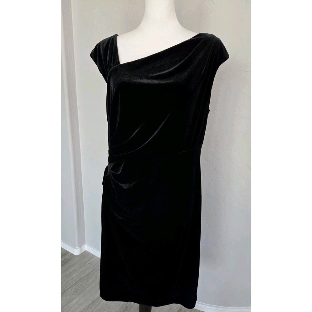 Black Velvet Vamp Romantic Stretch Assymetric Neckline Ralph Lauren Dress Sz L